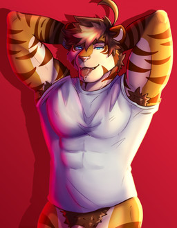 anthro armpit_hair barely_visible_genitalia barely_visible_penis bedroom_eyes biped blue_eyes bodily_fluids body_hair bottomless bottomless_anthro bottomless_male brown_body brown_fur brown_hair clothed clothing dripping flaccid front_view fur genitals hair hands_behind_head male markings muscular muscular_anthro muscular_arms muscular_male narrowed_eyes orange_body orange_fur penis pose pubes red_background saliva saliva_drip seductive shadow shirt short_hair simple_background solo standing striped_markings stripes tan_body tan_fur tongue tongue_out topwear white_clothing white_shirt white_topwear darolion leon_(darolion) felid hybrid liger mammal pantherine 2024 colored half-length_portrait hi_res pinup portrait shaded