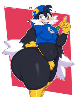 anthro big_butt black_body blush bottom_heavy bulge butt clothing femboy gloves hand_on_butt handwear hat headgear headwear heart_symbol huge_butt jacket legwear long_ears looking_at_viewer male navel open_mouth ring_(jewelry) solo thick_thighs thigh_highs thong topwear underwear wide_hips yellow_eyes inuzu bandai_namco klonoa_(series) klonoa domestic_cat felid feline felis mammal 2023 hi_res