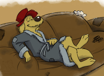 3_toes 4_fingers anthro brown_nose claws clothing crossed_legs eyes_closed feet fingers fluffy fluffy_chest fluffy_ears fluffy_mustache fur furniture grey_clothing hat headgear headwear male old_clothes red_clothing red_hat red_headwear relaxing robe sitting smile sofa solo toes yellow_body yellow_fur adriano_berjillos hanna-barbera the_kwicky_koala_show dirty_dawg bird_dog canid canine canis domestic_dog golden_retriever hunting_dog mammal retriever