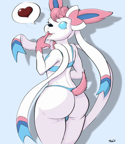 anthro blue_body blue_eyes blue_fur butt clothing femboy fur heart_symbol looking_at_viewer male one_eye_closed pink_body pink_fur pink_tail raised_tail rear_view simple_background solo speech_bubble swimwear tail two-piece_swimsuit white_body white_fur wink winking_at_viewer pandottermon nintendo pokemon eeveelution generation_6_pokemon pokemon_(species) sylveon 2025 colored dated hi_res signature