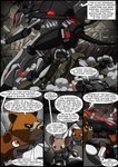 2016 absurd_res anthro armor battle bear brown_body brown_fur colored comic dialogue dialogue_box driving english_text eyewear female firing_weapon fur glasses group hi_res in_our_shadow kitfox-crimson machine male mammal mecha mrs_granite_(kitfox-crimson) murid murine mustelid musteline procyonid raccoon rat red_eyes rodent shooting sodalite_(kitfox-crimson) speech_bubble text true_musteline vehicle weasel yellow_eyes