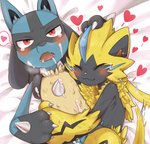 2020 after_sex ambiguous_gender bed blue_body blue_fur blush bodily_fluids cuddling cum cum_in_mouth cum_inside cum_on_chest cum_on_face duo fur furniture generation_4_pokemon generation_7_pokemon genital_fluids heart_symbol hi_res legendary_pokemon lucario male male/ambiguous mammal nintendo nohtuy18 pokemon pokemon_(species) romantic romantic_couple tears tongue tongue_out yellow_body yellow_fur zeraora