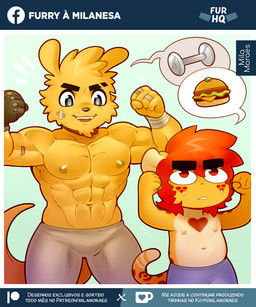 abs anthro arm_wraps band-aid bandage bodily_fluids bottomwear cheek_tuft chibi chin_tuft clothed clothing countershading duo eyebrows facial_tuft fingerless_gloves flexing flexing_bicep flexing_both_biceps freckles fur gloves gradient_background half-closed_eyes handwear heart_(marking) humor male male/male markings muscular muscular_anthro muscular_male narrowed_eyes open_mouth open_smile pants pecs simple_background slightly_chubby slightly_chubby_anthro slightly_chubby_male smile spots spotted_body spotted_fur sweat sweatdrop sweatpants thick_eyebrows topless tuft turquoise_background wraps yellow_body yellow_fur mila.moraes alexander_(mila.moraes) felid jaguar kangaroo macropod mammal marsupial pantherine 5:6 hi_res