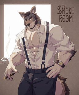 abs anthro beard cigar clock clothed clothing facial_hair fur hair male muscular muscular_anthro muscular_male pecs scar sheriff smoke smoking solo text watch uiokv echo_(series) echo_project the_smoke_room william_adler canid canine canis coyote mammal absurd_res digital_media_(artwork) english_text hi_res