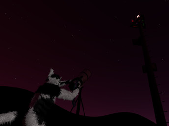 ambiguous_gender anthro athletic black_body black_hair black_tail black_whiskers building camera camera_lens cell_tower cheek_tuft dark_lighting ear_tuft electronics facial_tuft fur green_eyes grey_body grey_hands hair harsh_lighting hill hunched_over lojban_description long_fur looking_at_another looking_back looking_back_at_another photographing purple_sky radio_antenna red_light sky solo star surprised tail tower tripod tuft whiskers white_arms white_body white_tail varik_valefor public_domain vunc_(varik_valefor) domestic_cat felid feline felis mammal 3d_(artwork) absurd_res blender_(artwork) digital_drawing_(artwork) digital_media_(artwork) english_description gimp_(artwork) hi_res inkscape_(artwork) krita_(artwork) mixed_media