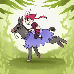 ambiguous_gender bound caparison clothed clothing crop_top demon_horns_(accessory) duo feral forest forest_background fully_clothed fur galloping grass green_background grey_body grey_fur hair hooves horn human_skin human_skin_color long_ears markings nature nature_background plant pointy_ears red_clothing red_hair reins riding riding_on_back run_cycle shirt simple_background spots spotted_body spotted_fur tail tail_tied topwear tree wavy_hair young batpupbourbon asinus demon donkey equid equine humanoid hybrid mammal mule 1:1 2025 2d_animation animated digital_media_(artwork) frame_by_frame hi_res loop shaded short_playtime