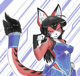anthro black_body black_fur black_hair blue_eyes breasts clothed clothing costume cybernetics female fur hair machine multicolored_body multicolored_fur red_body red_fur simple_background solo tail white_body white_fur akitokit ara_(fluff-kevlar) android cyborg domestic_cat felid feline felis mammal robot 2012
