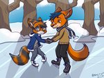 anthro blue_eyes blue_hair brown_eyes duo fur hair heterochromia ice ice_skating male orange_body orange_fur scarf stripes yellow_eyes nami_vianna bad_guy_cafe artemis_(smneff) fan_character canid canine fox hybrid mammal procyonid raccoon hi_res