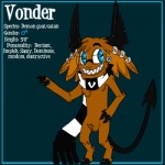 666 anthro blue_eyes cloven_hooves ear_piercing eyewear fingers glasses hooved_fingers hooved_hands hooves horn male piercing scarf smile solo standing tail unguligrade vonderdevil vonder bovid caprine caprine_demon demon goat_demon mammal 1:1 character_name model_sheet