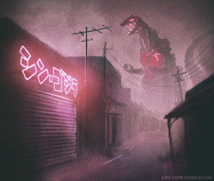 ambiguous_gender biped building city cloud cloudy_sky corrugated_metal corrugation feral giga glowing glowing_eyes light macro metal neon_lights open_mouth power_lines radio_antenna red_eyes red_glow road sky solo tail text thick_tail louceph godzilla_(series) toho shin_godzilla kaiju reptile scalie 2019 english_description hi_res japanese_text url