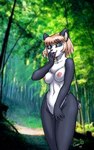 2004 5:8 anthro bear biped blonde_hair blue_eyes breasts covering covering_self dr_comet female fur giant_panda hair hi_res looking_at_viewer mammal nipples nude seductive solo standing tongue