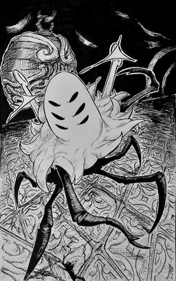 6_eyes ambiguous_gender bell black_body black_eyes detailed_background multi_eye multi_limb pose solo sharpski hollow_knight:_silksong hollow_knight_(franchise) inktober team_cherry widow_(hollow_knight:_silksong) arachnid arthropod 2025 absurd_res hi_res monochrome