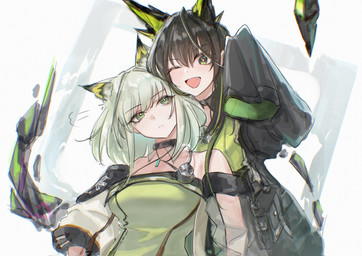 choker clothing cute_fangs duo fangs female green_eyes hair jacket jewelry looking_up necklace open_mouth smile tail teeth topwear white_hair uof arknights hypergryph studio_montagne kal'tsit_(arknights) mon3tr_(arknights) animal_humanoid felid felid_humanoid humanoid mammal mammal_humanoid 2025 absurd_res digital_media_(artwork) hi_res