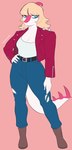 5_fingers anthro blonde_hair blue_eyes bone_frill boots bottomwear breasts claws cleavage clothed clothing denim denim_bottomwear denim_clothing eyelashes female finger_claws fingers footwear frill_(anatomy) hair hand_on_hip hand_on_own_hip jacket jeans long_hair long_tail looking_at_viewer magenta_body magenta_scales multicolored_body multicolored_scales pants pink_background red_clothing red_jacket red_topwear scales shoes simple_background solo spiked_tail spikes spikes_(anatomy) style_emulation tail topwear torn_bottomwear torn_clothing torn_jeans torn_pants two_tone_body two_tone_scales white_body white_scales deadassspider cavemanon_studios goodbye_volcano_high i_wani_hug_that_gator mia_moretti dinosaur hadrosaurid ornithischian ornithopod parasaurolophus prehistoric_species reptile scalie 2024 absurd_res artist_name digital_drawing_(artwork) digital_media_(artwork) hi_res watermark