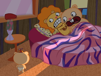 4_fingers afro animal_print anthro bed bed_sheet bedding bedroom_sex body_hair buckteeth carpet carpeted_floor caught_in_the_act chest_hair clothing diaper fingers furniture hair hat headgear headwear lamp lava_lamp male male/male male_anthro nightstand open_mouth orange_hair painting_(object) pillow propeller_hat sex shocked tan_body teeth toddler walk-in wall_(structure) wood wood_wall yellow_body young young_anthro young_male happy_tree_friends loogaroo_animation mondo_media cub_(htf) disco_bear_(htf) pop_(htf) bear mammal 4:3 censored mosaic_censorship