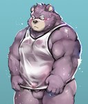 anthro blue_background blush bodily_fluids bottomless clothed clothing kemono male musclegut muscular overweight overweight_anthro overweight_male shirt simple_background solo sweat tank_top topwear wet nekomarudon tanukimaru bear mammal 2021