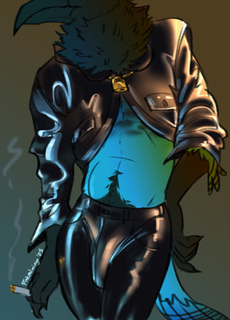 anthro body_hair bottomwear bulge cigarette clothing crop_top happy_trail jacket leather leather_bottomwear leather_clothing leather_jacket leather_pants leather_topwear lock male pants shirt smoking solo tight_clothing topwear pinkpalmingo avian bird corvid jay_(bird) oscine passerine hi_res