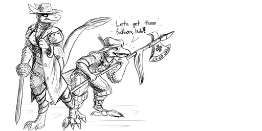 anthro barefoot clothing dialogue duo feet halberd hat headgear headwear holding_melee_weapon holding_object holding_weapon male melee_weapon polearm sword text weapon wearing_hat mawkvlt izaan_raysmith_(mawkvlt) avian reptile scalie 2:1 monochrome