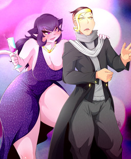 anthro big_breasts breasts drunk duo female huge_breasts male substance_intoxication thick_thighs mrsakai domestic_cat felid feline felis human mammal hi_res