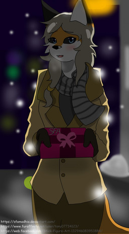 anthro biped black_clothing black_ears black_gloves black_handwear blue_eyes blurred_background blush bokeh bottomwear bow_ribbon box clothed clothing coat container eyebrows female front_view fur gift_box gloves hair handwear holding_box holding_container holding_object jacket long_hair looking_at_viewer night open_mouth orange_body orange_fur outside pants pattern_clothing pattern_scarf pink_bow pink_ribbon ribbons scarf snow snowing solo standing street_lamp striped_clothing striped_scarf stripes tail tan_clothing text topwear white_body white_fur winter kangwolf canid canine fox mammal 2017 colored digital_drawing_(artwork) digital_media_(artwork) english_text hi_res url watermark