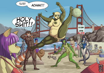 abs action_pose anthro areola balls barbell_piercing beach bikini blush blush_lines clothing cooler dialogue exhibitionism female femboy foreskin frisbee fur genitals golden_gate_bridge group male markings martial_arts motion_lines mountain muscular muscular_anthro muscular_male navel navel_piercing nipple_piercing nipples nude nudist one_piece_suit outdoor_nudity overweight pecs penis picnic piercing pose public public_nudity rock san_francisco sand_castle sculpture sea social_nudity speedo sport spots spotted_arms spotted_body spotted_fur spotted_hips spotted_legs spotted_markings spotted_shoulders spotted_tail spotted_thighs swimwear tail tail_markings text two-piece_swimsuit unretracted_foreskin volleyball vulva water nattonna jayjay_(nattonna) kuera_takeshima mappo_tofuu ni-yan ailurid amphibian bear canid canine canis coyote domestic_cat domestic_dog felid feline felis fox frog giant_panda lagomorph leporid mammal mouse murid murine pantherine procyonid rabbit raccoon red_panda rodent sciurid snow_leopard tree_squirrel wolf english_text hi_res