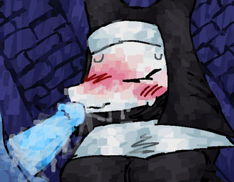 anthro blush blush_lines bodily_fluids clothed clothed_female clothing cum cum_on_face duo female fully_clothed fully_clothed_female genital_fluids genitals machine male male/female messy mostly_offscreen_character penis sweat sweatdrop scaliescum deltarune undertale_(series) tasque_manager_(nun) darkner felid mammal robot