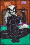 4_toes 5_fingers anthro athletic athletic_female bed bedding bedding_background black_body black_border black_fur border breasts claws clenched_teeth dialogue duo empty_eyes featureless_breasts featureless_crotch feet female female/female finger_claws fingers fur furniture hair inside interior_background mane markings navel no_irises nude open_mouth pawpads paws simple_background smile speech_bubble spots spotted_body spotted_fur tail teeth text toe_claws toes toned_body toned_female toned_stomach white_hair white_mane white_spots white_tail yellow_teeth cougar_leon marvel autumn_williams hysteria_klyntar alien humanoid hyena mammal spotted_hyena symbiote werecreature werehyena 2025 artist_name comic hi_res marker_(artwork) signature traditional_media_(artwork)