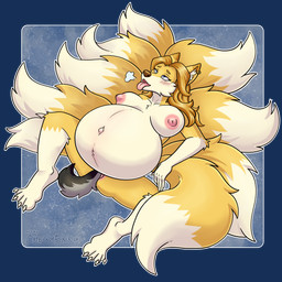 anthro areola belly big_belly breasts breath duo female female_anthro fur hair long_hair lying navel nipples on_back open_mouth panting pink_areola pink_nipples spread_legs spreading tail tongue tongue_out unbirthing vaginal vore yellow_body yellow_fur chewyennui canid canine fox mammal 1:1 absurd_res alpha_channel hi_res