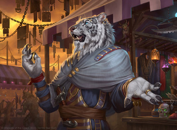 4_fingers anthro armor backwards_hand black_body black_claws black_fur black_paws black_stripes blue_clothing blue_eyes bone bracelet claws clothed clothing cloud cloudy_sky coin ear_piercing ear_ring eyebrow_piercing eyebrow_ring facial_piercing fangs fingers fire fur gold_(metal) gold_jewelry gold_ring grey_body grey_clothing grey_fur group hanging_lantern holding_coin holding_object horn jewelry knife lamp lantern market market_stall marketplace nose_piercing nose_ring open_mouth outside overcast piercing pink_nose red_clothing ring ring_piercing robe shawl skull sky smile solo_focus striped_body striped_fur stripes teeth text tongue weapon whiskers white_body white_fur caraid dungeons_and_dragons hasbro magic:_the_gathering wizards_of_the_coast mahadi_(magic:_the_gathering) demon felid mammal pantherine quasit_(dnd) rakshasa_(dungeons_and_dragons) tiger 2022 artist_name copyright_name digital_media_(artwork) official_art