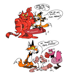 angry_eyebrows anthro balls beak big_nipples big_penis biped black_bow_tie black_ears black_nose bodily_fluids bored bow_tie brown_body brown_fur clock dialogue duo facial_piercing failed_hypnosis feathers feet flying_sweatdrops frustrated fur genitals gesture group huge_penis humor hypnosis_fetish incisors male markings monopod motion_lines muscular muscular_male nipple_piercing nipples nose_piercing nude orange_body orange_fur orange_tail penis penis_size_difference piercing pink_body pink_feathers red_balls red_beak red_body red_ears red_fur red_markings red_penis red_tail shrug simple_background small_penis standing_on_penis sweat sweatdrop tail talons teeth toes trio whiskers white_background white_balls white_body white_fur yellow_eyes yellow_teeth senedjem_(artist) webster's_infinite_club_crawl blake_(billy_fore) crispin_the_dodo webster_the_fox avian bird canid canine columbid dodo felid feline fox mammal murid murine rat recently_extinct_species rodent hi_res