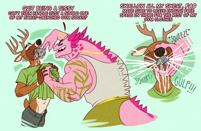 abuse anthro biceps bodily_fluids clothing degradation dominant dominant_male duo force_feeding_bodily_fluids humiliation male male/male muscular muscular_male shirt submissive submissive_male sweat sweaty_clothing tank_top topwear lotolotl loto_(lotolotl) amphibian aquatic axolotl deer mammal mole_salamander salamander hi_res