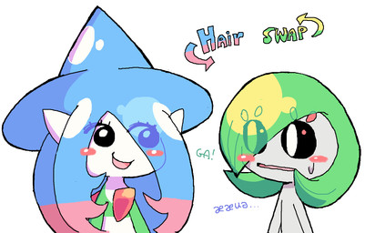 alternate_costume blush blush_stickers bodily_fluids clothing_swap duo eyelashes female hair hair_over_eye humanoid_pointy_ears long_eyelashes pointy_ears simple_background smile sweat sweatdrop melfunnysmell nintendo pokemon gaba_(melfunnysmell) hatta_(melfunnysmell) gardevoir generation_3_pokemon generation_8_pokemon hatterene humanoid pokemon_(species) hi_res