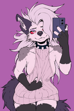 5_fingers anthro black_nose breasts clothed clothing female fingerless_gloves fingers fur gloves grey_body grey_fur grey_hair hair handwear solo sweater topwear virgin_killer_sweater crombie hellaverse helluva_boss meme_clothing mythology loona_(helluva_boss) canid canid_demon canine demon hellhound mammal mythological_canine mythological_creature hi_res meme