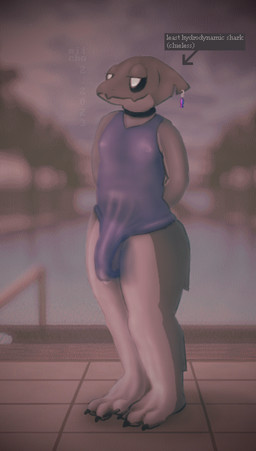 anthro bulge clothing feet genitals male one-piece_swimsuit penis poolside solo swimwear wide_hips miii_cho aquatic fish shark hi_res