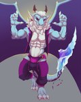 2_horns 3_toes 4_fingers abs anthro arm_markings barefoot belly big_biceps big_deltoids big_muscles big_pecs black_sclera blue_body blue_ears blue_face blue_feet blue_fingers blue_hands blue_legs blue_markings blue_scales blue_tail blue_toes bottomwear bottomwear_down brown_horn bulge claws clothed clothed_anthro clothed_male clothing clothing_ring deltoids dipstick_horn ear_piercing ear_ring eyebrows facial_markings facial_piercing feet fingers front_view gold_(metal) gold_jewelry gold_ring hair head_horn head_markings horn horn_jewelry horn_ring humanoid_hands jacket jewelry light lip_piercing lip_ring male male_anthro markings multicolored_horn muscular muscular_anthro muscular_arms muscular_male navel o-ring_speedo obliques open_clothing open_jacket open_mouth open_smile open_topwear pants pants_down partially_clothed pecs piercing plantigrade purple_bottomwear purple_clothing purple_horn purple_pants purple_speedo purple_swimwear ring_(jewelry) ring_piercing scales skimpy smile solo speedo speedo_ring standing swimwear tail tail_markings toes topwear two_tone_face two_tone_fingers two_tone_toes white_belly white_body white_chest white_claws white_eyebrows white_eyes white_face white_fingers white_hair white_horn white_inner_ear white_markings white_scales white_toes wings bristol k/da league_of_legends mythology riot_games tencent dragon mythological_creature mythological_scalie scalie 2019 colored digital_drawing_(artwork) digital_media_(artwork) full-length_portrait hi_res portrait shaded