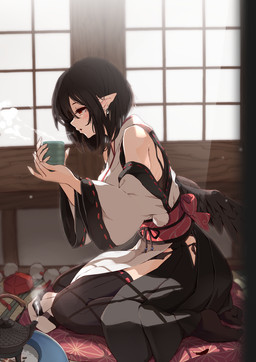 armwear asian_clothing black_clothing black_legwear black_panties black_thigh_highs black_underwear black_wings blowing brown_hair clothed clothed_female clothed_humanoid clothing container cup detached_sleeves ear_piercing ear_ring east_asian_clothing feathered_wings feathers female hair hat headgear headwear holding_container holding_cup holding_object humanoid_pointy_ears japanese_clothing kimono legwear obi open_mouth panties pelvic_curtain piercing pointy_ears red_clothing red_eyes red_hat red_headwear ring_piercing sash side-tie_panties side_slit sitting solo steam tatami teapot thigh_highs tokin_hat underwear white_clothing white_kimono white_sleeves wings yunomi edf_(pixiv) touhou aya_shameimaru animal_humanoid avian avian_humanoid humanoid winged_humanoid hi_res