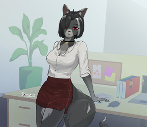 anthro black_body black_fur black_hair bottomwear claws clothing collar computer cross electronics female fur furniture hair hands_on_table inner_ear_fluff laptop multicolored_body multicolored_fur office office_clothing office_lady one_eye_obstructed red_bottomwear red_clothing red_eyes red_skirt shirt short_hair skirt smile smiling_at_viewer solo table topwear toy_mouse tuft white_clothing white_shirt white_topwear mrowley66 domestic_cat felid feline felis mammal hi_res