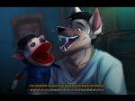 alternate_species anthro black_bars black_hair black_nose furrification hair male open_mouth puppet smile solo teeth tongue lesspie evil_dead ash_williams canid canine mammal 2019 letterbox traditional_media_(artwork)