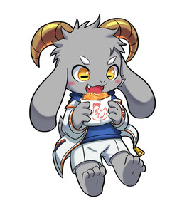 4_fingers 4_toes anthro blue_clothing blue_hoodie blue_topwear blush bottomwear clothed clothing curved_horn eating fangs feet fingers food fur grey_body grey_fur hair hoodie horn jacket long_ears male open_mouth shirt simple_background sitting smile solo tail teeth toes topwear white_background white_bottomwear white_clothing white_jacket white_topwear yellow_eyes whywhyouo bolgogi avian bird bovid caprine chicken galliform goat mammal phasianid digital_media_(artwork) hi_res
