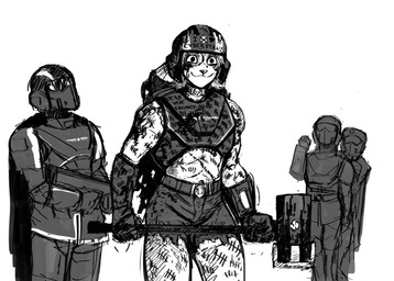 abs anthro armor blood bodily_fluids clothing female female_focus hammer headgear helmet holding_mallet muscular muscular_female scar smile tally_marks tattoo text tools torn_clothing hladilnik helldivers samantha_thott canid canine canis domestic_dog mammal 2026 black_and_white english_text hi_res monochrome