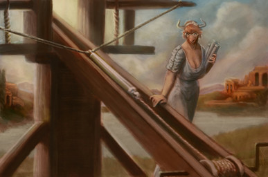 anthro ballista breasts brown_body brown_fur brown_hair cleavage clothed clothing dress eyewear female fur glasses hair looking_at_viewer roman scroll solo standing tall rayoutofspace european_mythology greek_mythology mythology korinna_avarta bovid bovine mammal minotaur 2022 absurd_res colored digital_media_(artwork) hi_res