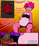 2017 absurd_res anthro bear belly belly_overhang big_belly bloated bodily_fluids bottomwear bowl clothing comic container domestic_pig duo english_text female hair hand_on_belly hi_res male mammal mr._pig_(viroveteruscy) navel obese obese_male overweight overweight_male pink_hair raspberry_(viroveteruscy) red_eyes rumbling_stomach sound_effects stuffing suid suina sus_(pig) sweat sweatdrop text toned_legs topwear url viroveteruscy warning_cream_filled