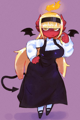 2_horns accessory bangs black_clothing black_dress black_hairband black_tail black_wings blonde_hair breasts clothing dress eyelashes female fingers fire footwear front_view hair hair_accessory hairband hand_on_hip horn humanoid_pointy_ears long_hair pointy_ears purple_background red_body red_ears red_face red_horn red_skin ringed_eyes shirt shoes simple_background solo spade_tail tail topwear white_clothing white_shirt white_topwear wings yellow_eyes spinarooz demonea_(rariatoo) demon demon_humanoid horned_humanoid humanoid winged_humanoid 2024 absurd_res digital_drawing_(artwork) digital_media_(artwork) full-length_portrait hi_res portrait