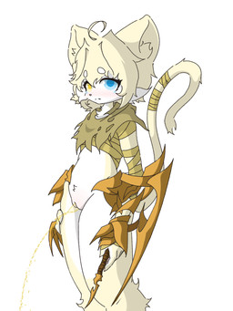 anthro bandage bodily_fluids embarrassed female female_peeing genital_fluids genitals knife peeing solo standing_pee urine vulva watersports young cassis felid feline felis mammal hi_res