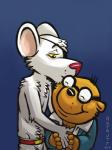 anthro duo eye_patch eyewear fur glasses kissing male simple_background white_body white_fur k-9 danger_mouse_(series) danger_mouse ernest_penfold cricetid hamster mammal mouse murid murine rodent 2018 hi_res