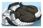 2_heads 2_horns 3_toes 4_fingers belly big_belly big_tail black_body black_claws black_horn black_scales border cheek_bulge cheek_frill claws digitigrade fangs feet feral finger_claws fingers frill_(anatomy) grey_eyes hand_on_belly horn huge_arms huge_belly huge_tail huge_thighs hyper hyper_belly light long_neck long_tail looking_at_viewer lying lying_on_ground male membrane_(anatomy) membranous_wings morbidly_obese morbidly_obese_feral multi_head multicolored_body obese obese_feral on_ground on_side open_mouth overweight overweight_feral overweight_male scales simple_background smile solo tail teeth thick_neck thick_tail thick_thighs toe_claws toes tongue tongue_out two_tone_body white_body white_border white_claws white_horn white_scales wings biglovealicia european_mythology mythology dragon mythological_creature mythological_scalie scalie western_dragon 2018 cel_shading digital_drawing_(artwork) digital_media_(artwork) full-length_portrait lighting portrait shaded signature