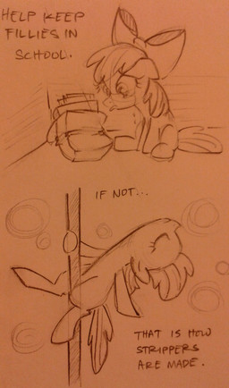 accessory bodily_fluids bow_(feature) bow_accessory bow_ribbon centered_hair_bow crying dancing female feral hair_accessory hair_bow hair_ribbon humor pole pole_dancing public_service_announcement ribbons solo tears text sketchyjackie friendship_is_magic hasbro my_little_pony apple_bloom_(mlp) earth_pony equid equine horse mammal pony english_text graphite_(artwork) hi_res monochrome traditional_media_(artwork)