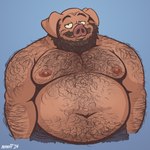 anthro arm_hair bald beard belly belly_hair body_hair brown_hair chest_hair facial_hair hair hairy looking_at_viewer male mustache navel nipples overweight overweight_male shirtless shoulder_hair smile solo nanoff joe_(nanoff) domestic_pig mammal suid suina sus_(pig) 1:1 2024 hi_res