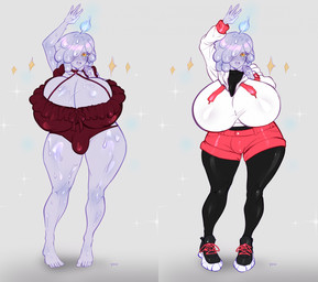 big_breasts bottomwear breasts bulge clothed clothing gynomorph hoodie huge_breasts intersex shorts slime smile smiling_at_viewer solo thick_thighs topwear yuwi-cyu nintendo pokemon fan_character generation_5_pokemon humanoid litwick pokemon_(species) hi_res