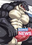 abs anthro balls biceps black_body genitals humanoid_genitalia humanoid_penis looking_down male muscular muscular_anthro muscular_male non-mammal_balls nude pecs penis scales solo teeth text text_censor gunso_p crocodile crocodilian reptile scalie censored english_text hi_res